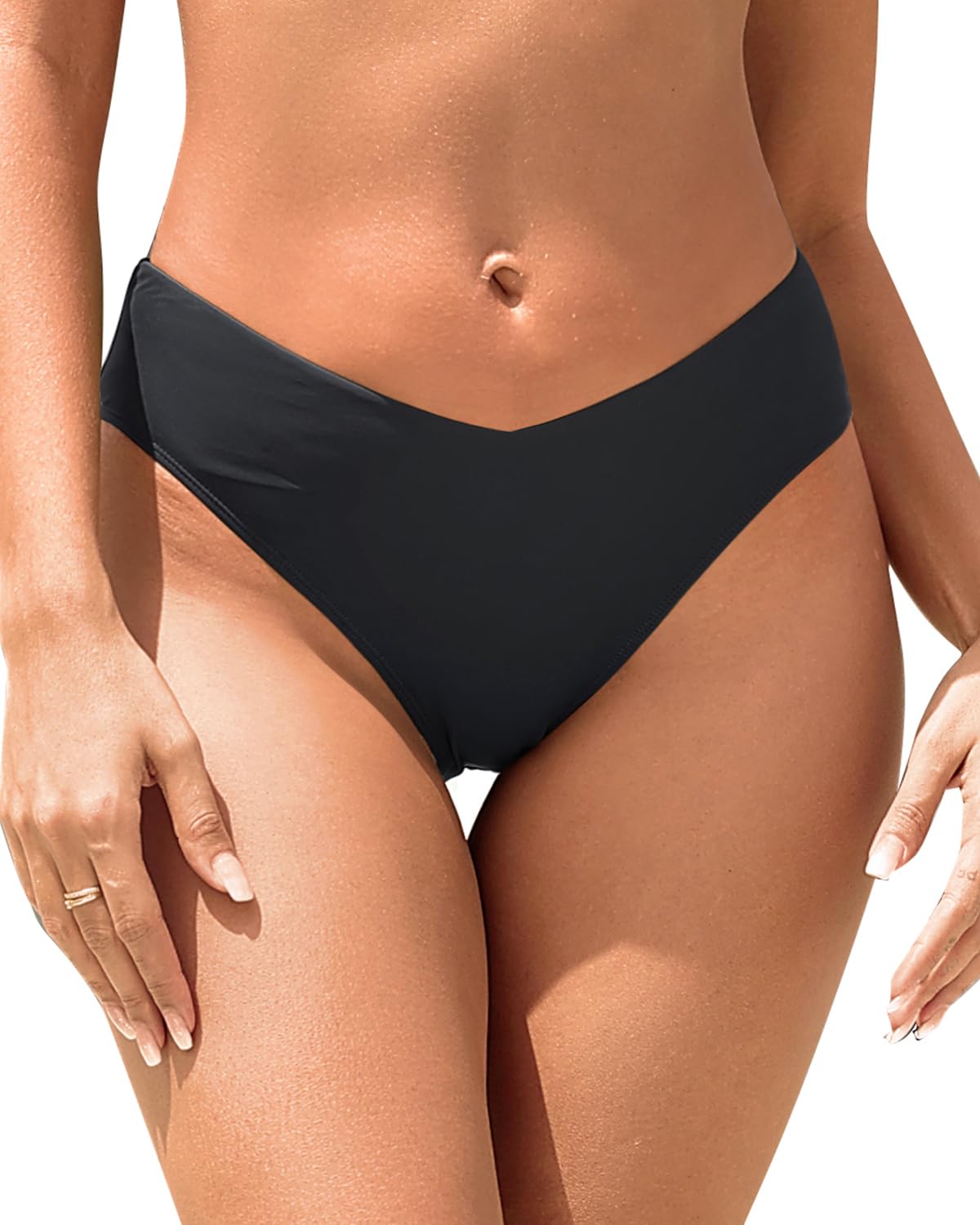 Photo 1 of Tempt Me Women Mid Waist Bikini Bottoms - Black V Cut Front Swim Bottoms High Cut Cheeky Bathing Suit Bottoms Brazilian Swimsuits 2025 M