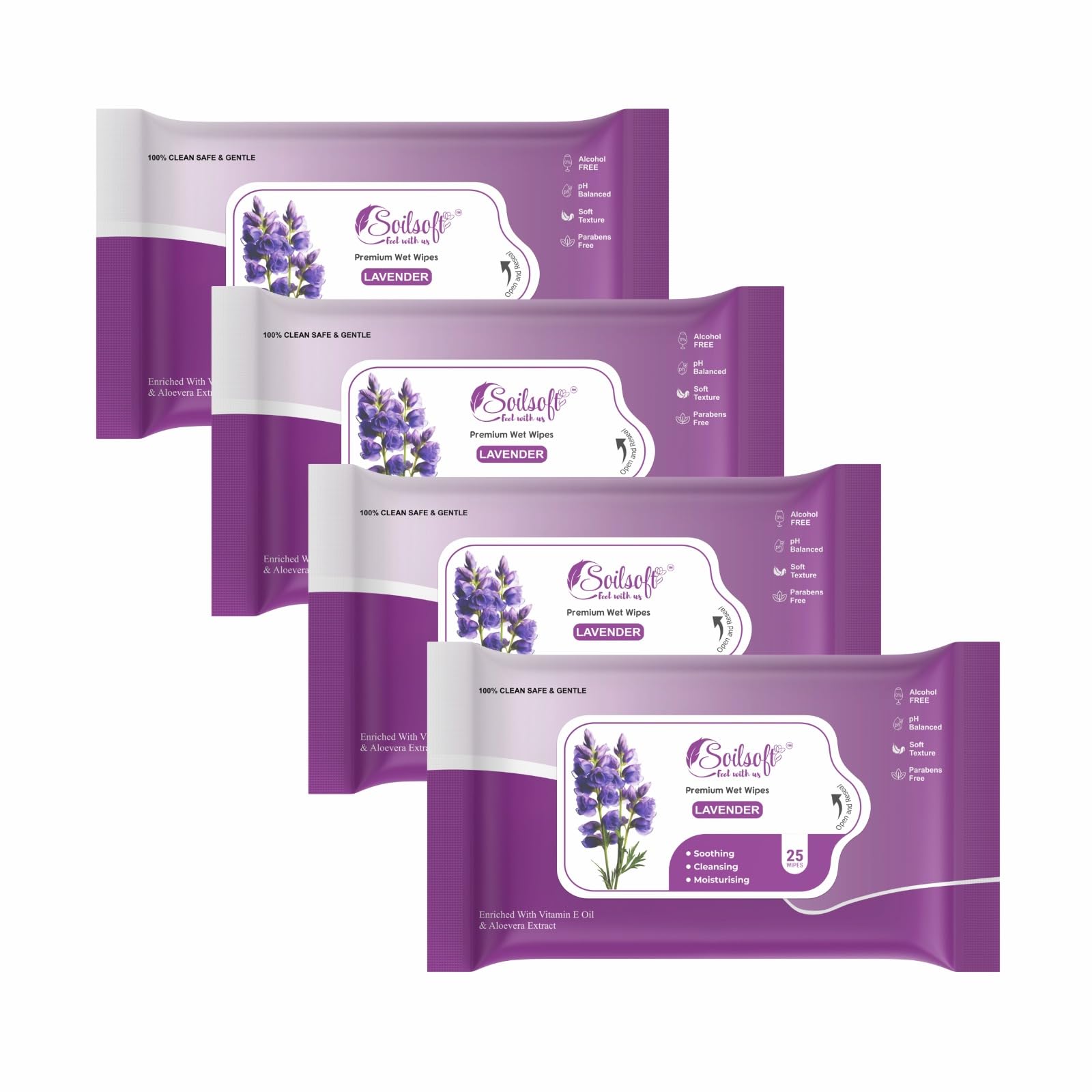 Soilsoft Lavender Blossom Wet Wipes 25 Sheets Purple Pack Alcohol Free pH Balanced Soft Texture Paraben Free Soothing Cleansing Moisturising Skin Care Travel Friendly Resealable Gentle Daily Use (pack of 4)-image-17