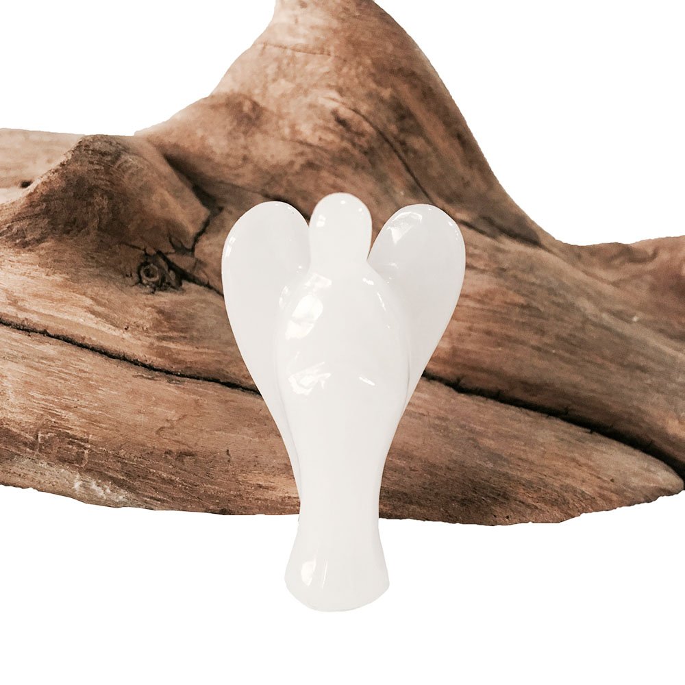 MOSOAO Carved White Moonlight Quartz Gemstone Peace Angel Pocket Guardian Angel Healing Statue 1.5 inch