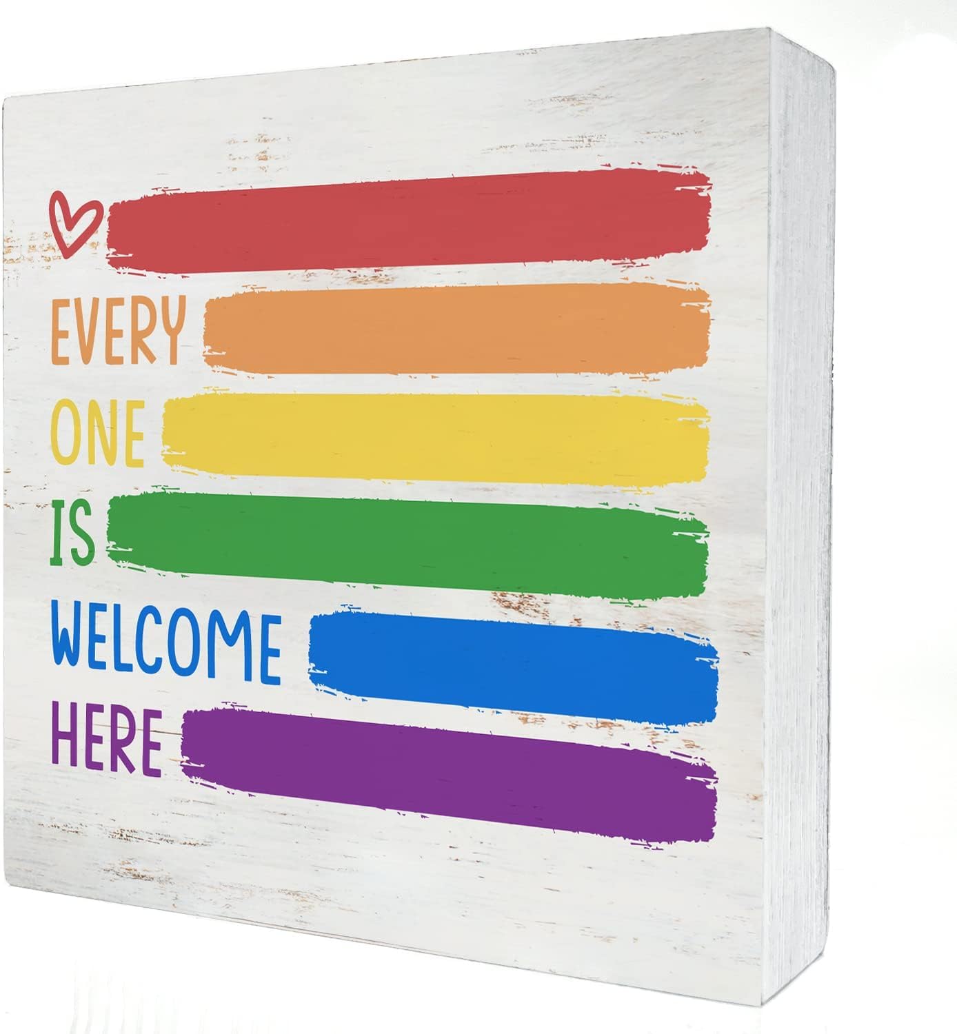 7x7 Inch Wooden Box Sign, Everyone Is Welcome Here Rainbow Decor