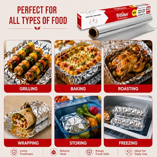 Image of Freshee 20m Heavy Duty Aluminium Foil Roll 45cm Extra Wide Silver 18 Micron Thick, Food Wrapping Paper roll, Kitchen, Disposablel for Food Delivery, Keeps Food Fresh & Hot for Long