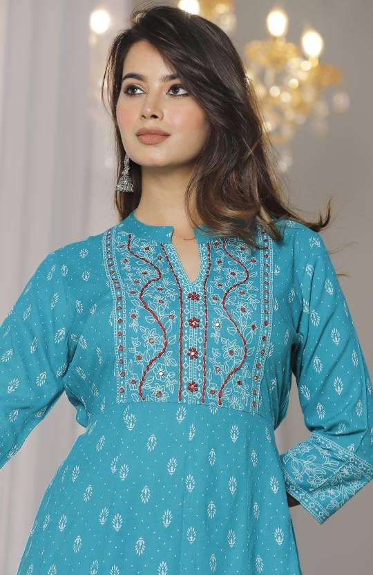 Image of Krishna Garments Jaipur's Sanganeri Women's Viscose Rayon Anarkali Kurta with Beautiful Chikan Embroidery Work If You wear This, Your Look Will Very Good