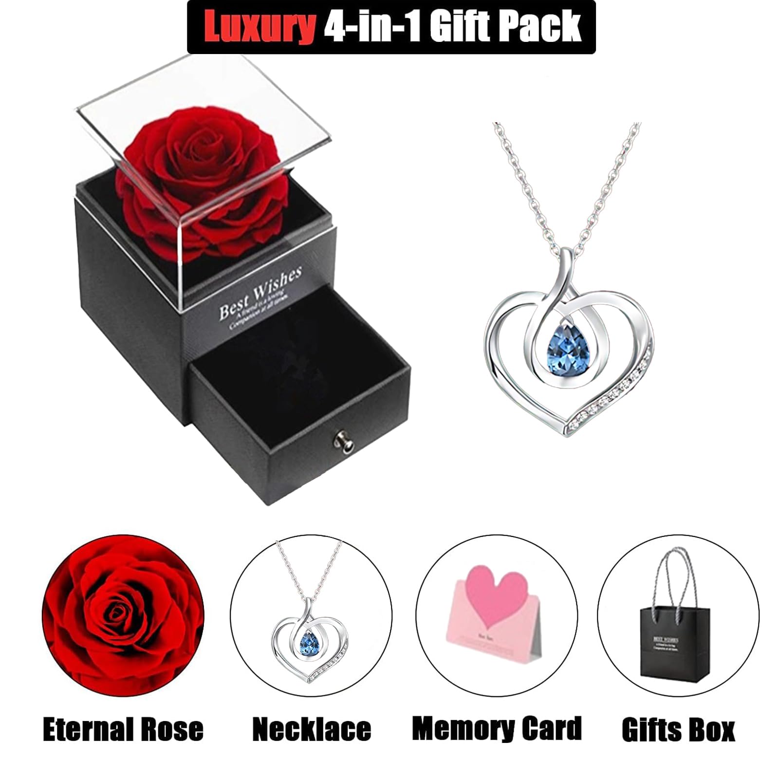 Eternal Rose with Necklace, Preserved Flower with Pendant, Gifts for Wife, Jewelry Gifts for Women, Sister, Girlfriend on Valentine Day, Birthday, Anniversary, Mother(6)