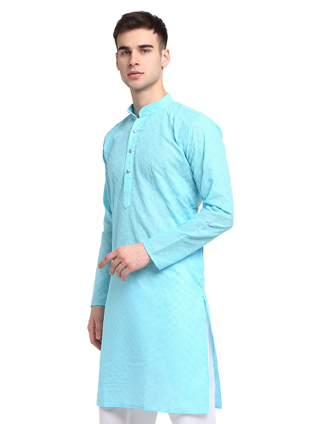 Jompers Men Sky Blue & White Self Design Kurta (Sky, S)