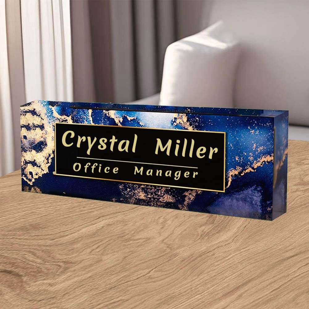 Office Desk Name Plate Personalized, Custom Plates for Desks on Acrylic Glass, Decor Nameplate, Accessories, Personalized Gift Boss Coworkers (Black Marble),(731)