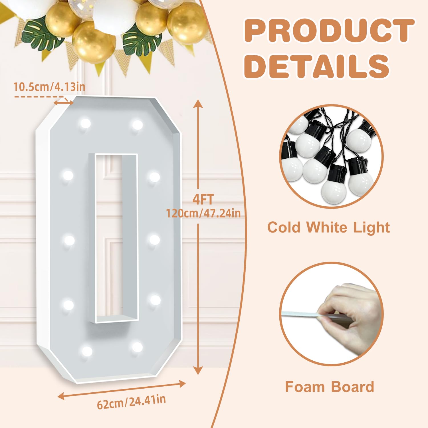 4FT Marquee Light Up Numbers Pre-cut Foam Board Mosaic Balloon for Party Backdrop Displays, Large Happy Birthday Light Up Sign Cardboard Number 0 for Parties Decorations Assembly Required