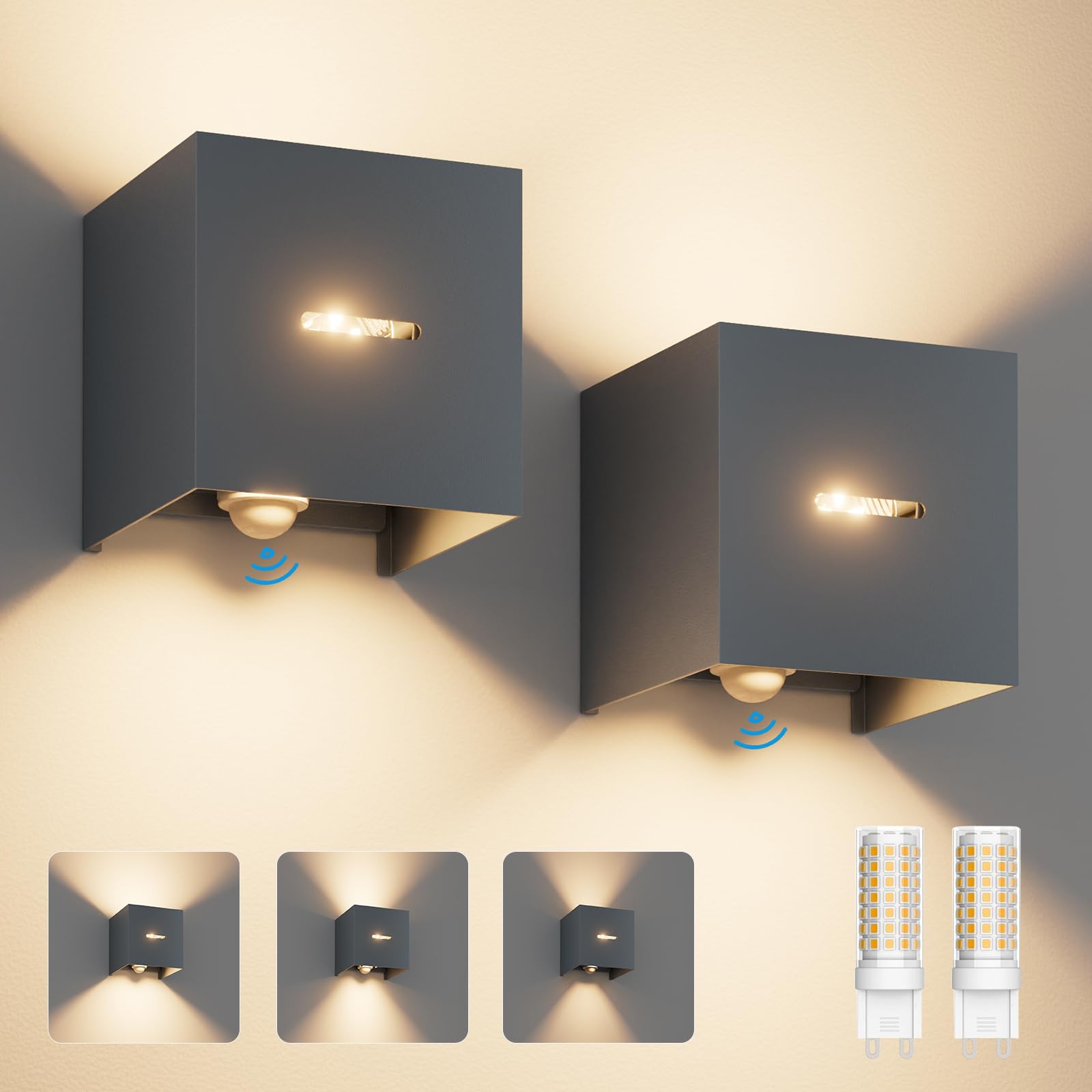 Klighten Lot de 2 Applique Murale avec Détecteur de Mouvement, Anthracite