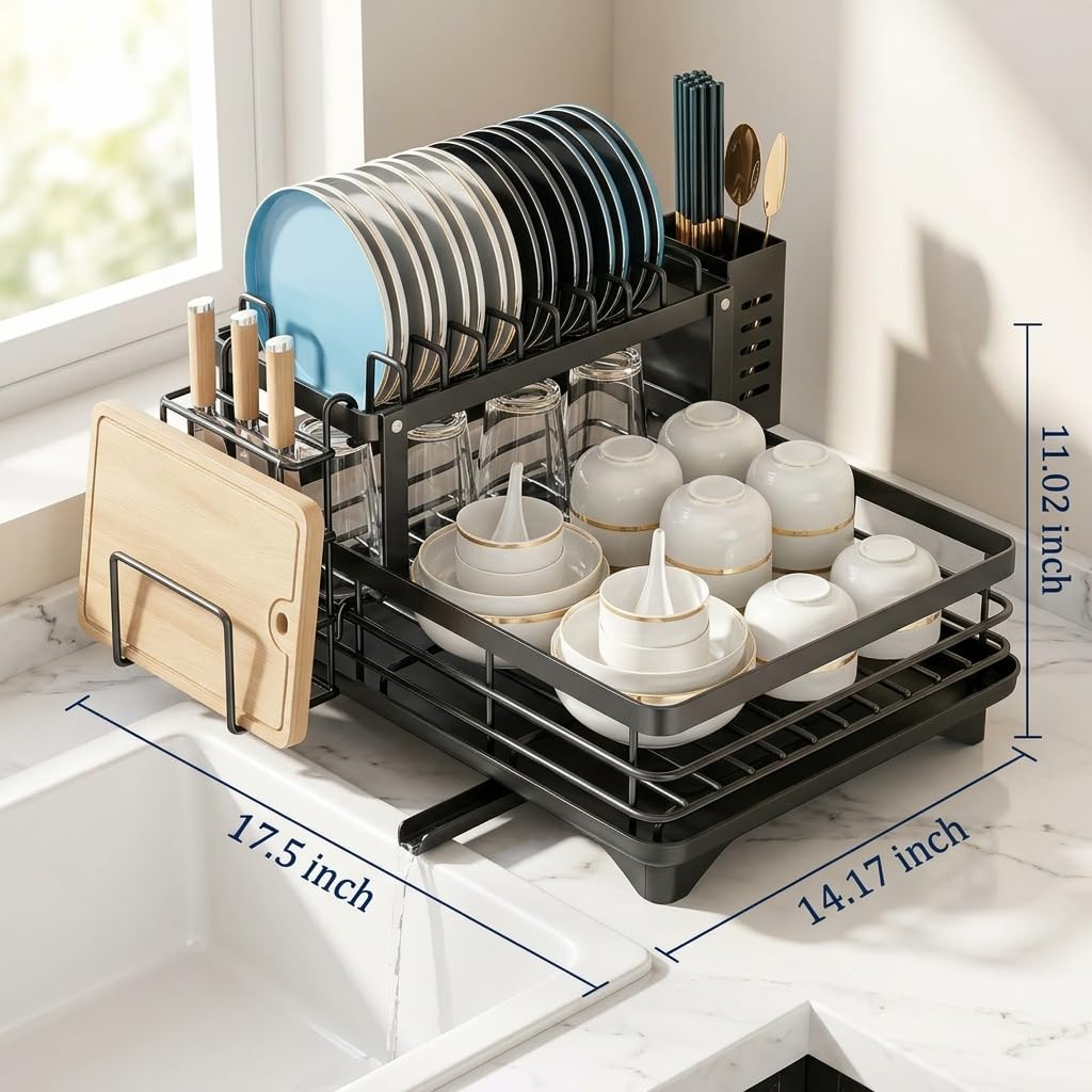 Égouttoir à Vaisselle à 2 Niveaux en Acier Inoxydable avec bac dégouttage Automatique, Porte-ustensiles Amovible et Peu encombrant, Organisateur de comptoir de Cuisine (Noir), pour