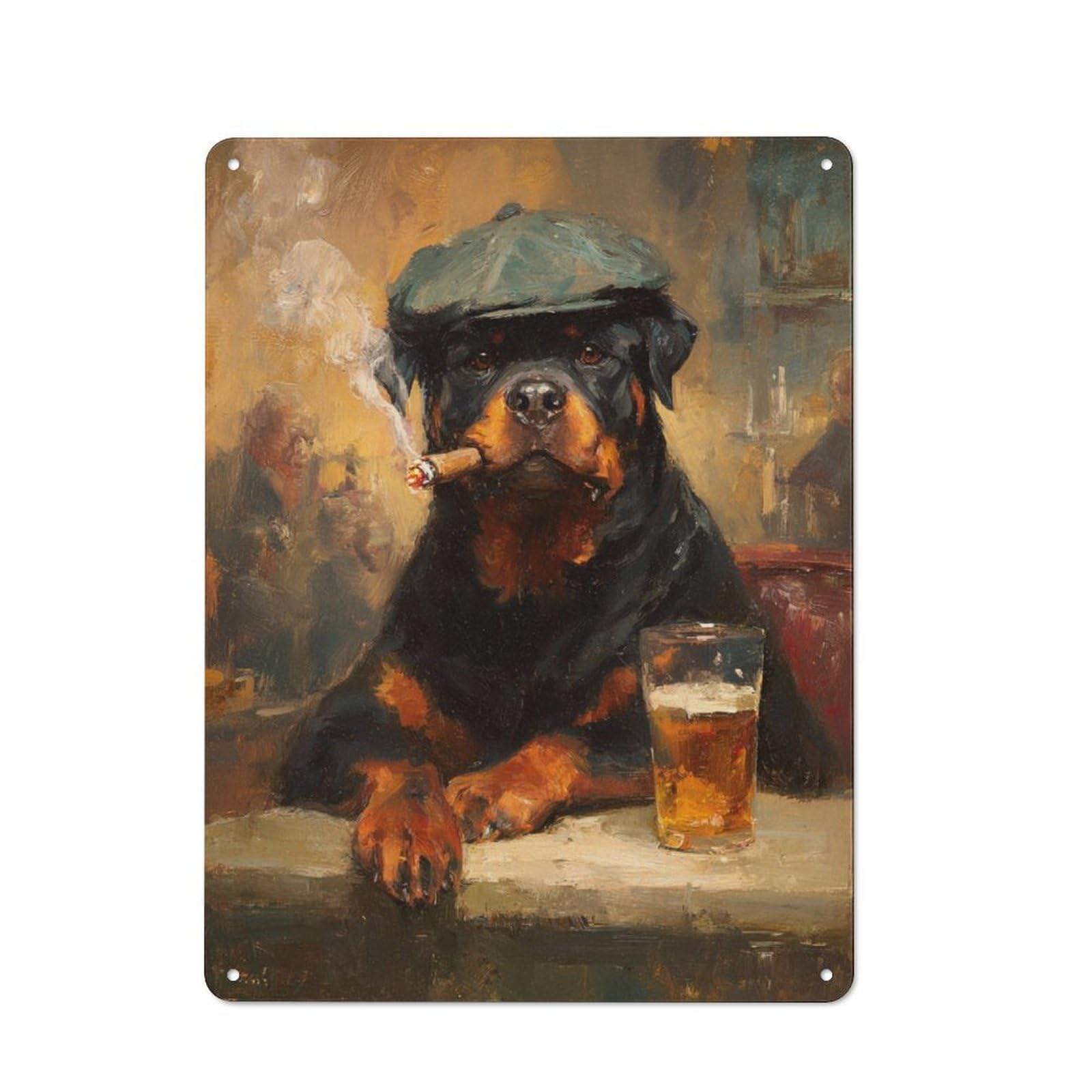 Rottweiler Relaxing with Cigar And Drink Vintage Metal Sign 40x30cm, Bistro Style Bistro Wall Plaque for Cafe, Bistro, Bakery Or Restaurant