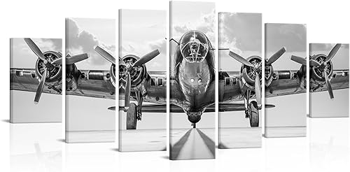 Miniatura 1 de KLVOS Arte de pared grande de avión de 7 piezas, diseño retro de avión, póster vintage en blanco y negro de hélice, póster de aeronave, impresión en