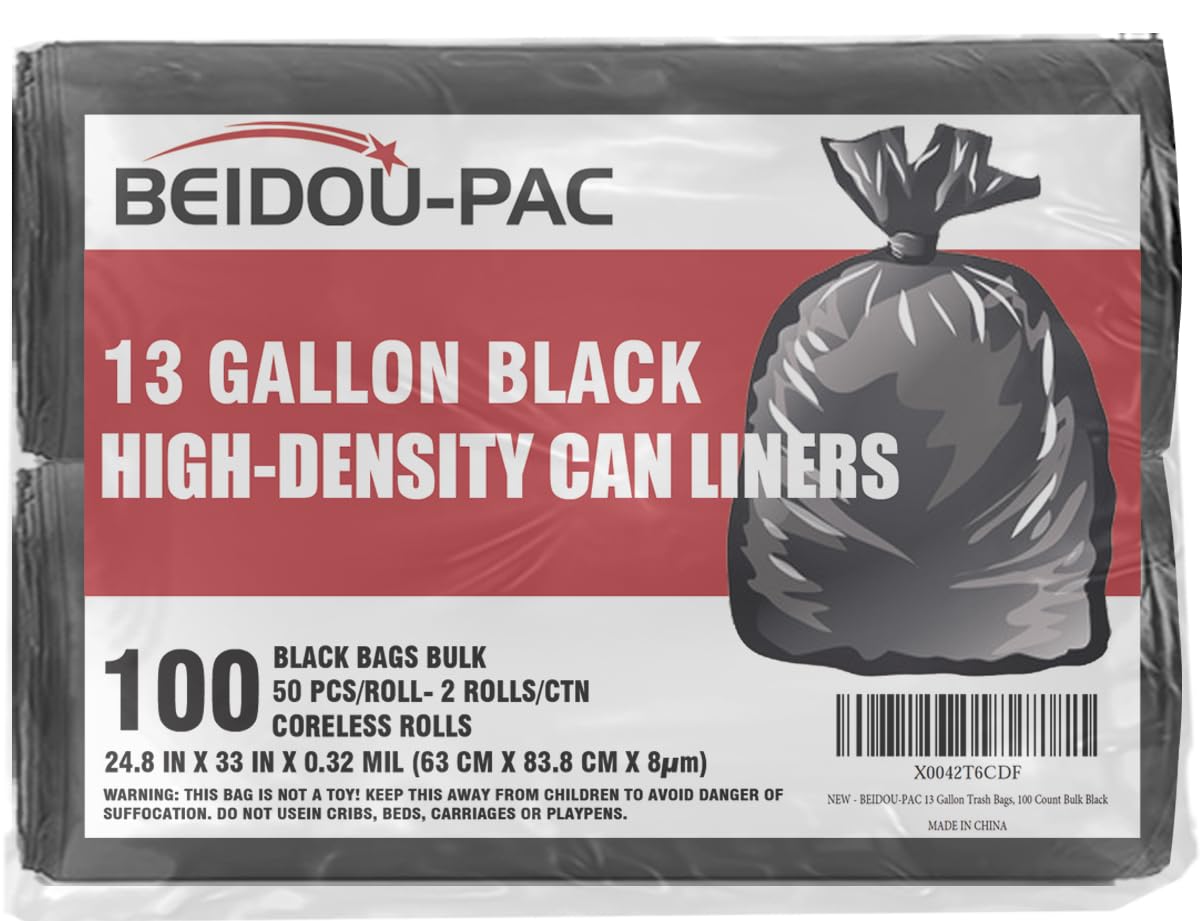 BEIDOU-PAC 13 Gallon Trash Bags, 100 Count Black Tall Kitchen Garbage bags, Multi-purpose Trash Can Bin Liners for Bathroom, Office, Industrial,