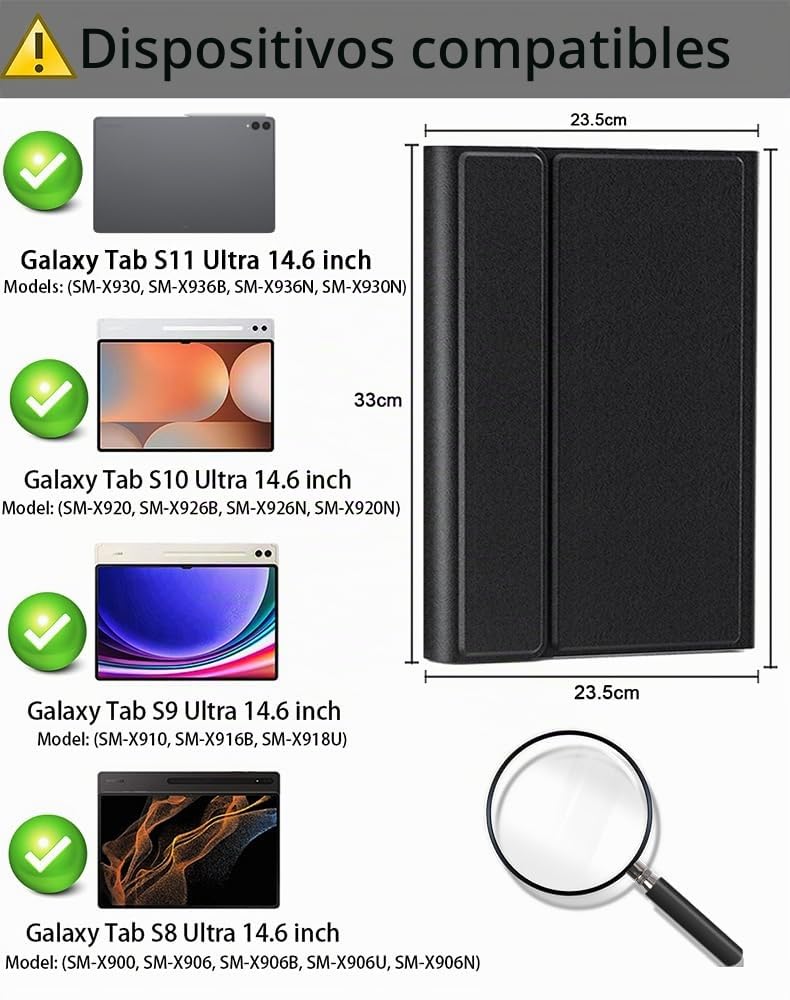 Funda con teclado para Samsung Galaxy Tab S11 Ultra / S10 Ultra / S9 Ultra / S8 Ultra de 14.6 pulgadas - Teclado magnético desmontable retroiluminado con 7 colores de arcoíris con soporte para
