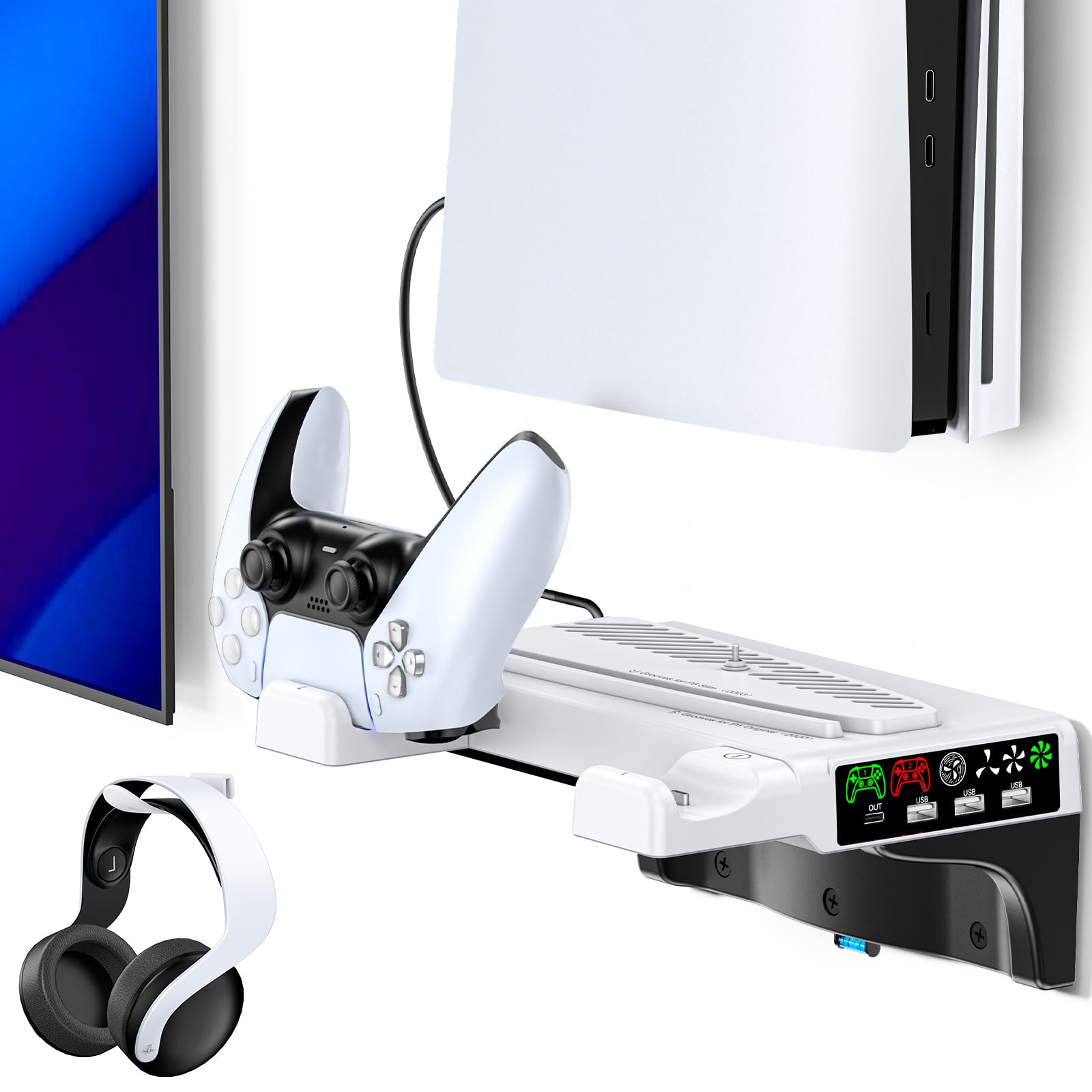 Kosker Supporto da Parete PS5 con Ventola di Raffreddamento a 3 Velocità, Support Muro PS5 con Caricatore Controller per P5/Slim/Pro Disc & Digital, Supporto Verticale P5 con Gancio per Cuffie