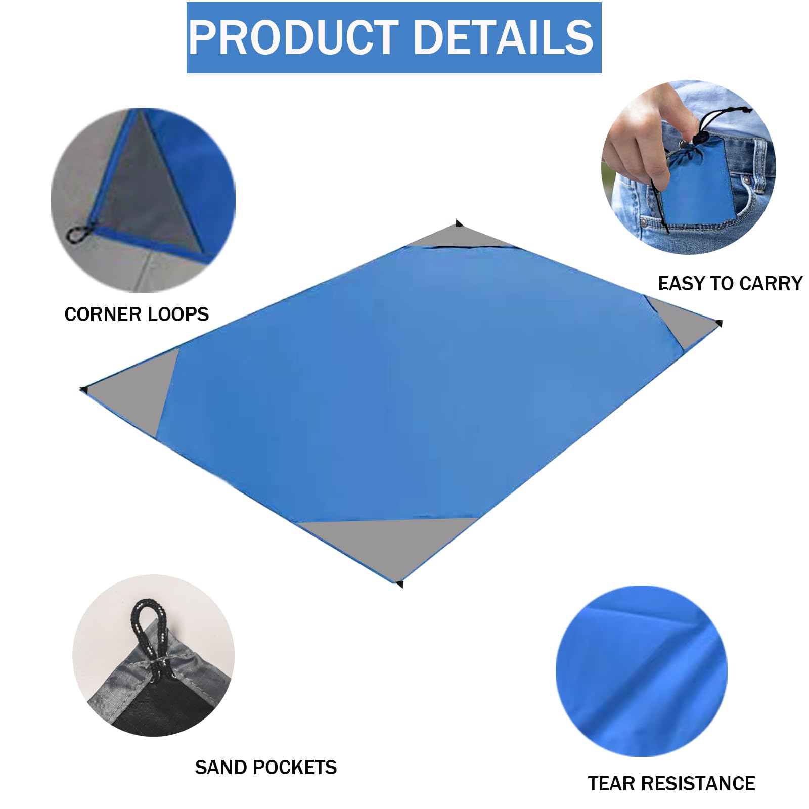 Mini coperta da picnic impermeabile 140 x 200 cm con 4 angoli di fissaggio blu
