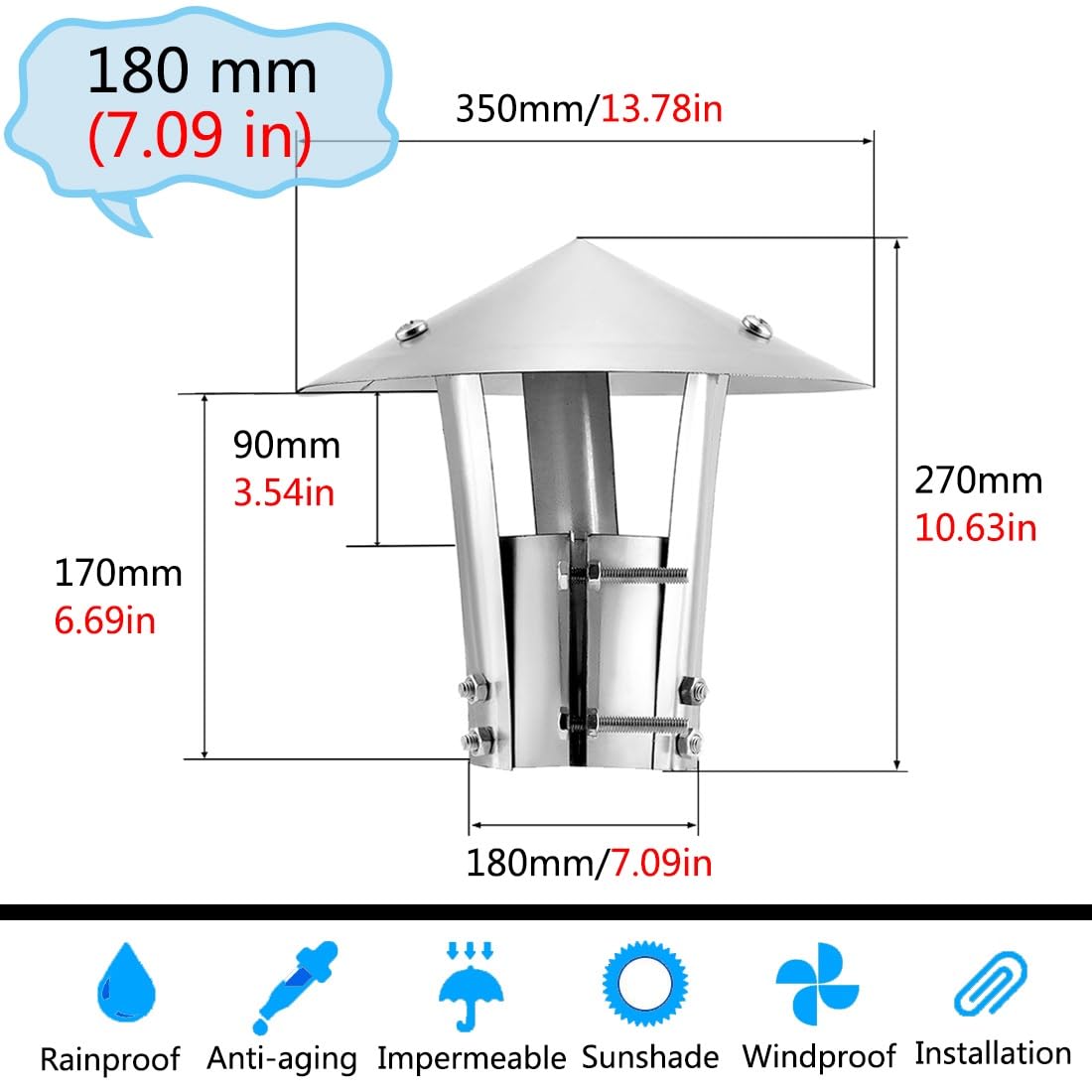 Tapa De Chimenea 80-300 Mm Sombrerete Antilluvia Redonda, Tapa De Cubierta De Acero Inoxidable, Protector De Pájaro Para Chimenea, Para Techo Ventilación(180 mm(7.09 in))
