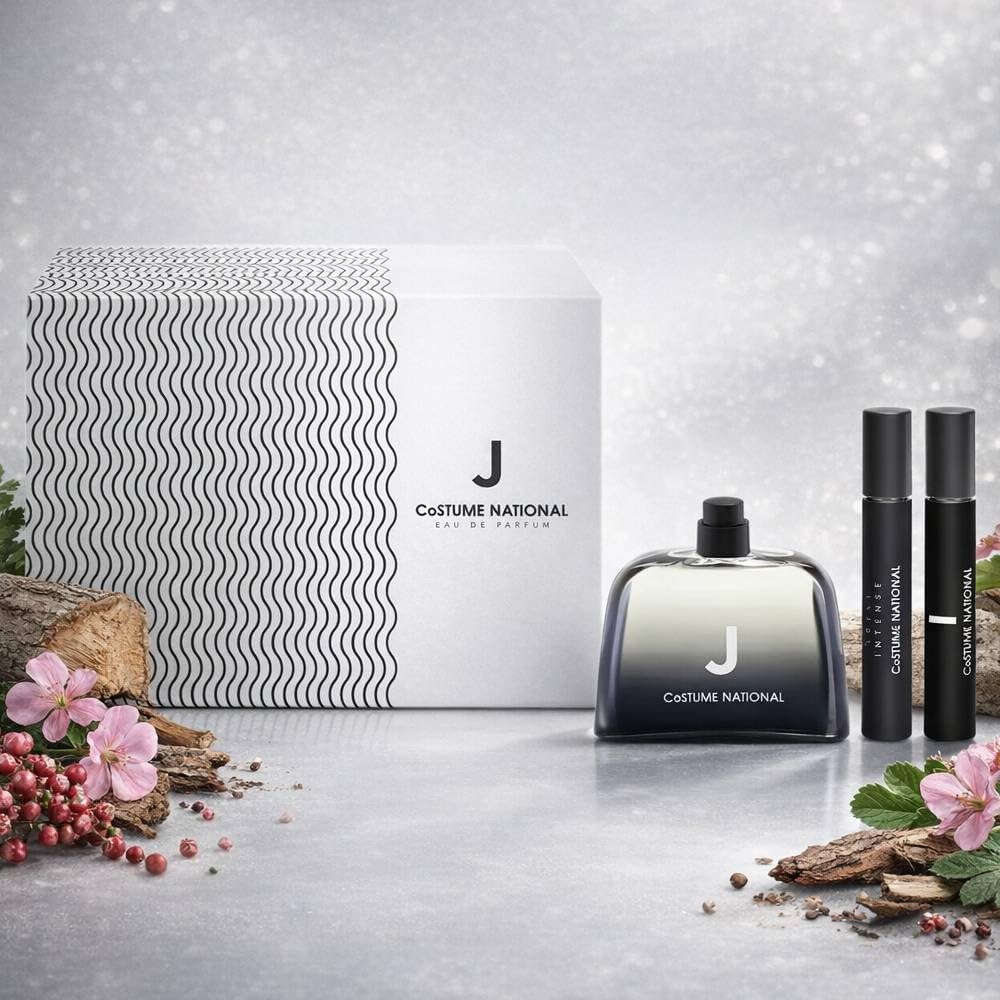 Costume National J Eau de Parfum Cofanetto Regalo Uomo 100ml con Travel Spray 7.5ml e Scent Intense 7.5ml, Profumo Legno Lunga Durata