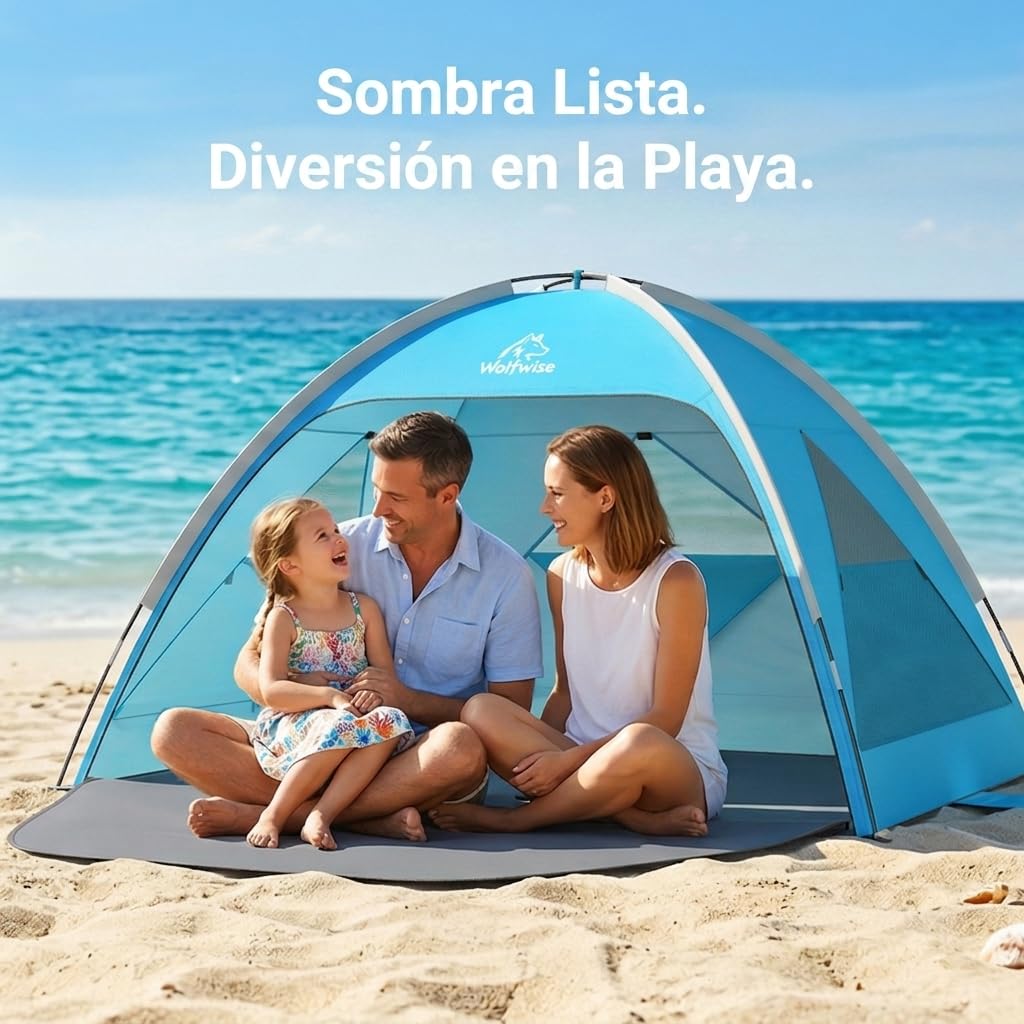 Wolfwise Tienda de Playa UPF 50+ para Familia, Refugio Solar Anti-UV con 3 Ventanas Ventiladas, Suelo Extensible y Bolsa de Transporte, Capacidad 3 Personas, Azul