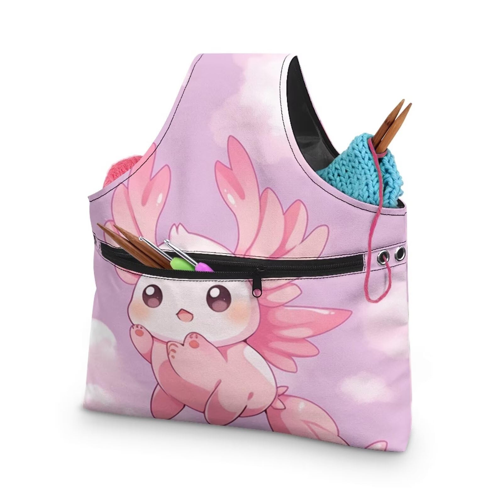 Axolotl Yarn Bags for Crocheting Portable Knitting Bag Pink Yarn Storage Organzier Holding Knitting Needles,Large