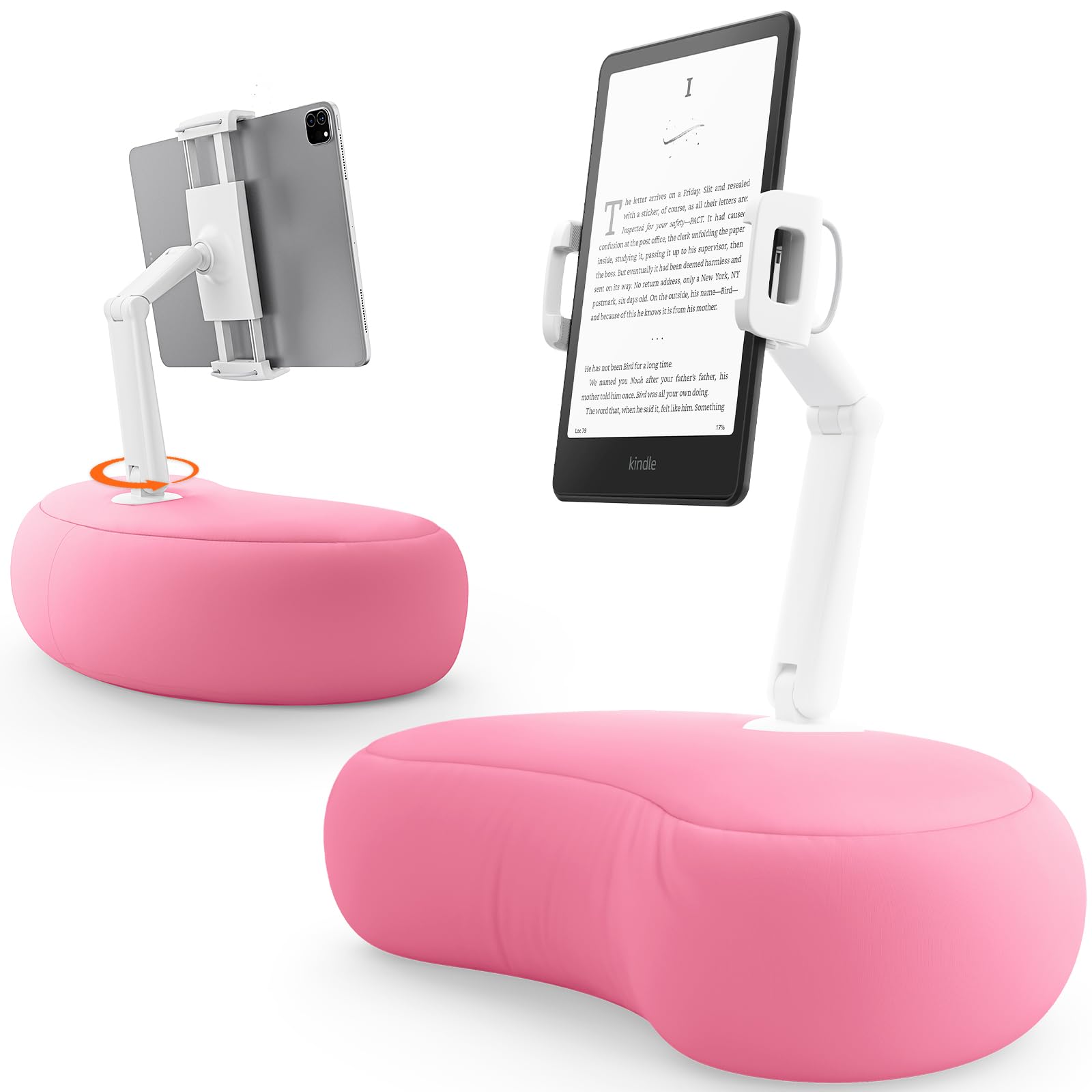 SAIJI Tablet Kindle Holder Pillow, Compatible with 4.7”-15.6” Kindle, Tablet, Phone, Portable Monitor, 360° Adjustable Tablet Stand for Bed with Flexible Dual Axis Arm and Microbead Cushion (Pink)