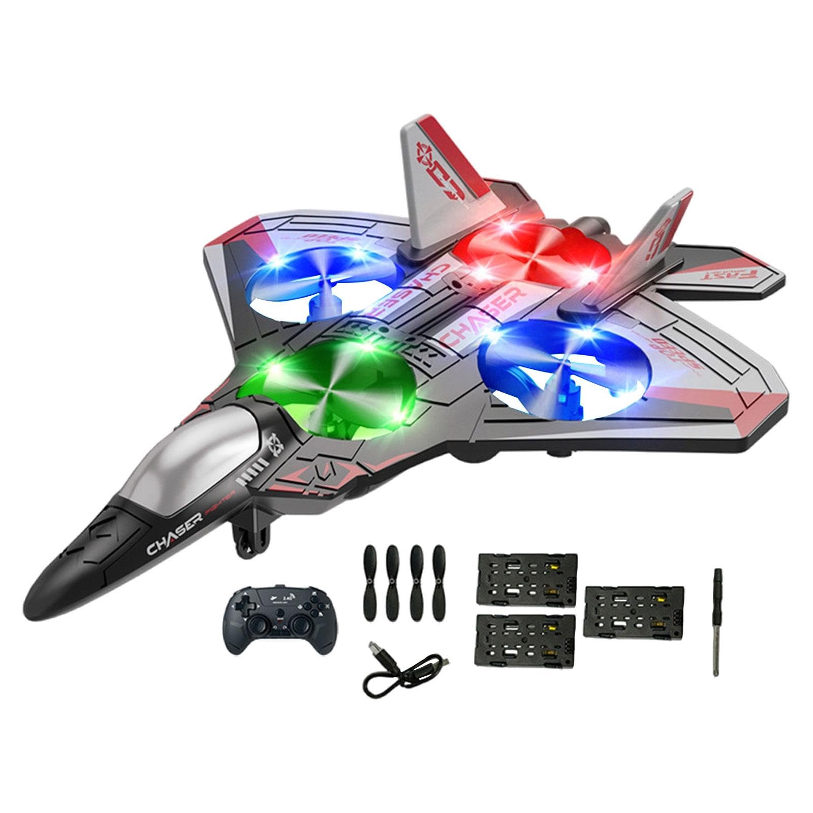 Colcolo RC Plane Toy for Kids, Remote Control Plane Helicopter Anti Falling 360° Roll Fighter Kids Gifts Portable RC Glider with Colorful LED Lights, 6CH Roll Fixed Wing Aircraft Toys Gifts Red