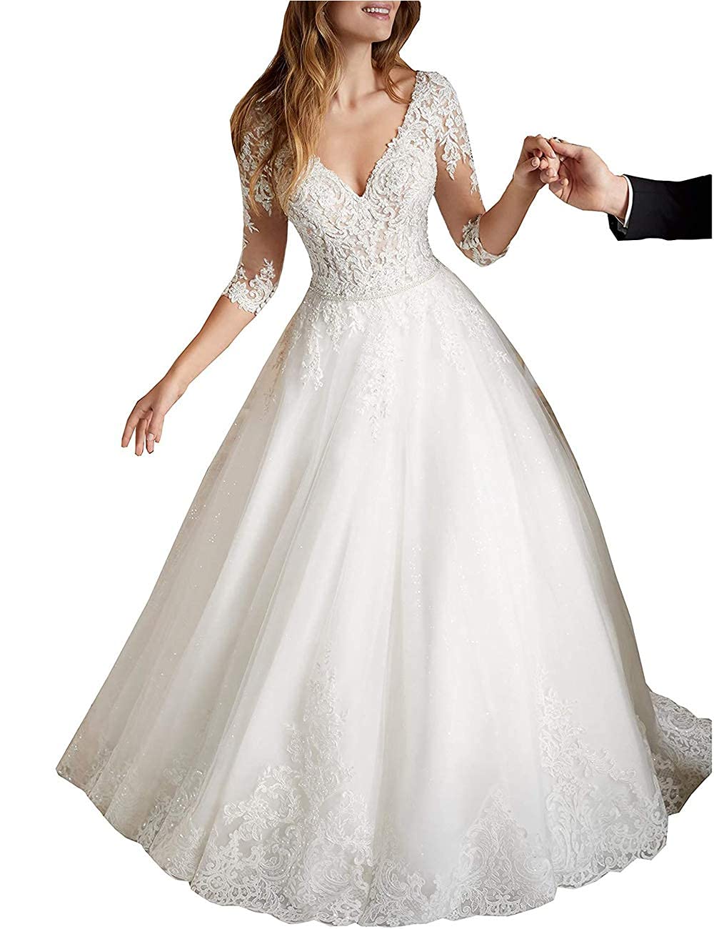 Robe de mariée longue ligne A Princesse Robe de mariée Femme Dentelle Stand Plage Mode de mariée avec manche
