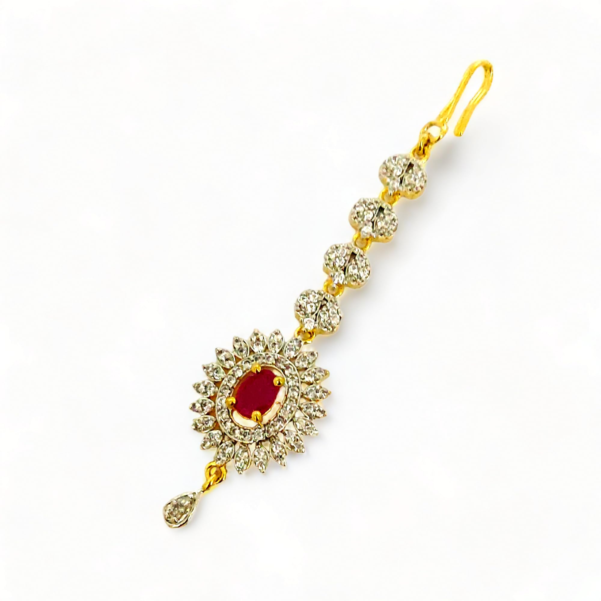 opal touch Cubic Zirconia Red-White|Gold Plated Traditional Kundan and Pearls Royal Design| Attractive Style | Indian Traditional Maang Tikka | Gift for Women and Girls for any Festival-picture-9