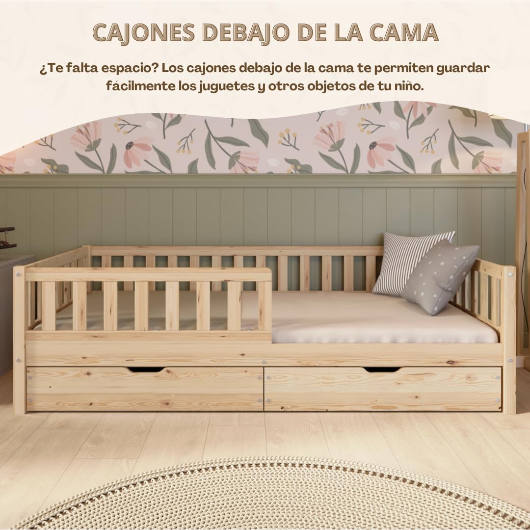 Cama Montessori 190x90 cm - Cama Infantil Fácil de Montar - Camas Infantiles Segura niños y niñas - con Protección contra Caídas - Madera Natural con Cajones