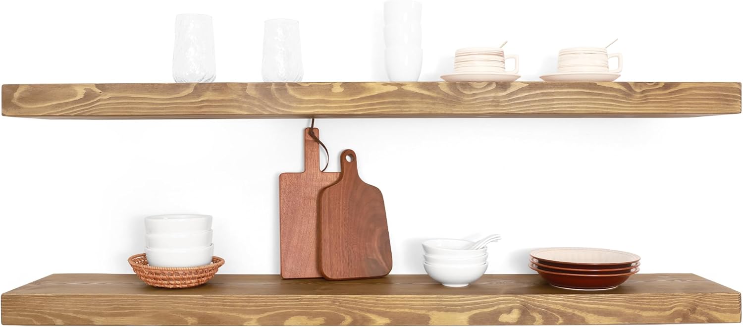 60 Inch Rustic Wood Floating Shelves for Wall, 8.66 Inch Deep Solid Wood Wall Shelf with Heavy Duty Hidden Bracket, Golden Oak, 60 × 8.66 × 2.28, for Living Room Kitchen Coffee Bar, Set of 2