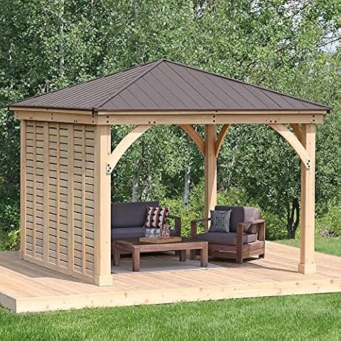 Yardistry 3.65m (12ft) Meridian Gazebo with Single Privacy Wall (Natural Stain) Cover