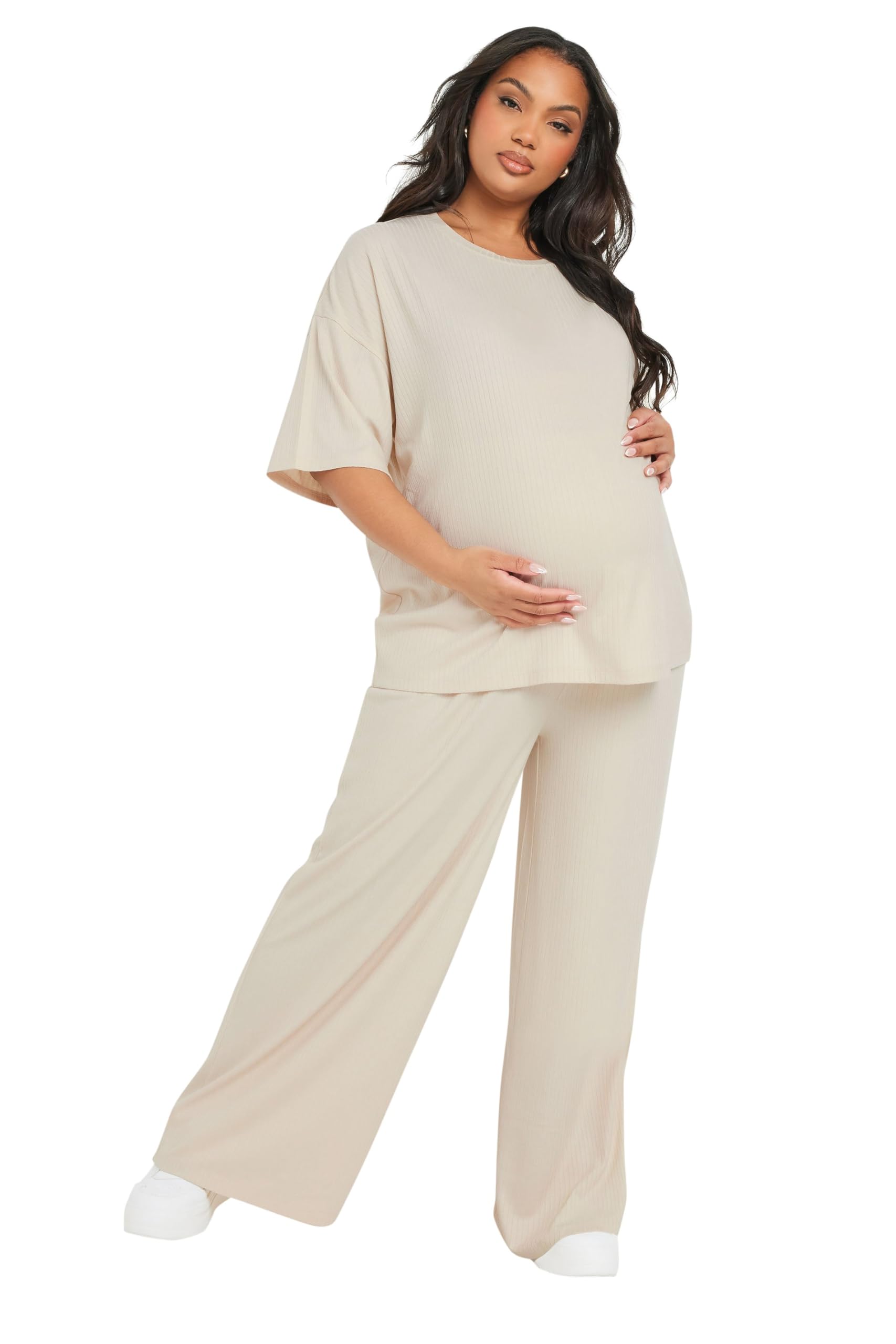 Yours Women's Cream Bump It Up Maternity Curve Premium Modal Ribbed Wide Leg Trousers - Plus Size Curve