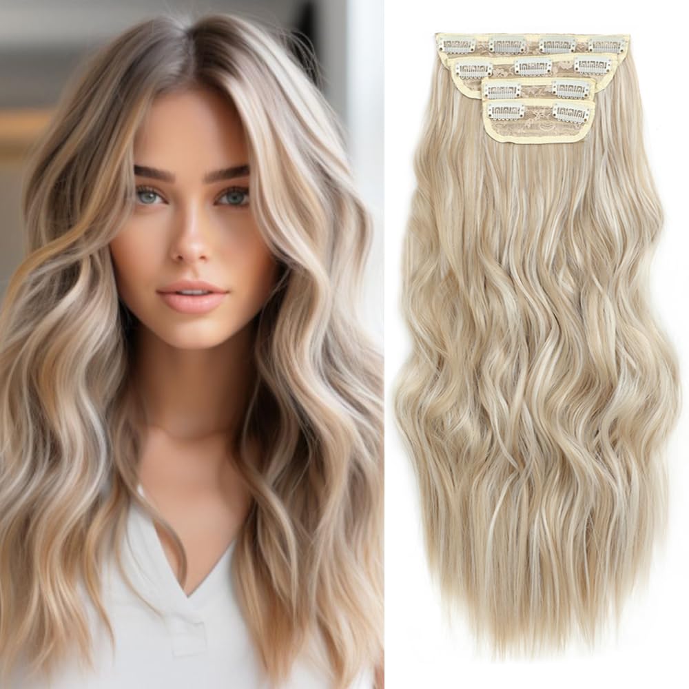 Clip In Hair Extensions Long Wavy Hair Extensions 4PCS Light Blonde with Highlights Clip Ins for Women Soft and Natural Synthetic Hairpieces
