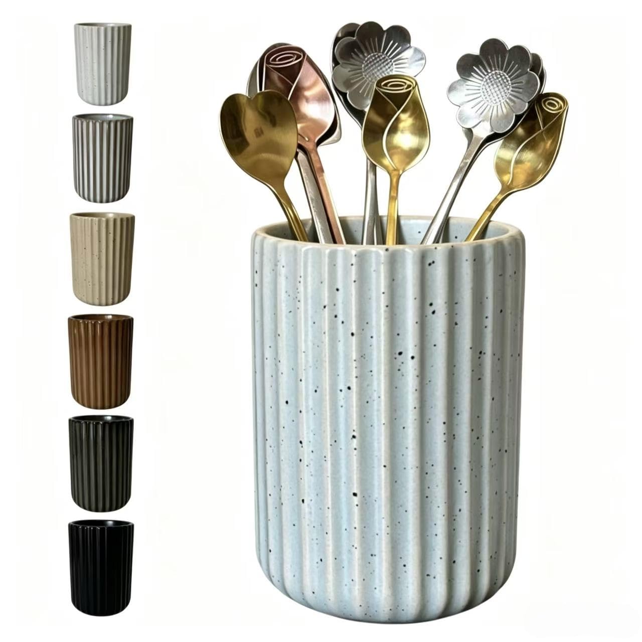 TOPYOKK Stoneware Coffee Bar Utensil Holder Tea & Coffee Spoon & Stirrer Holder for Stir Stick Straw Teaspoon Holder Espresso Spoon Cup Small Utensil Jar Fluted Vertical Stripe (Speckled Blue Grey)