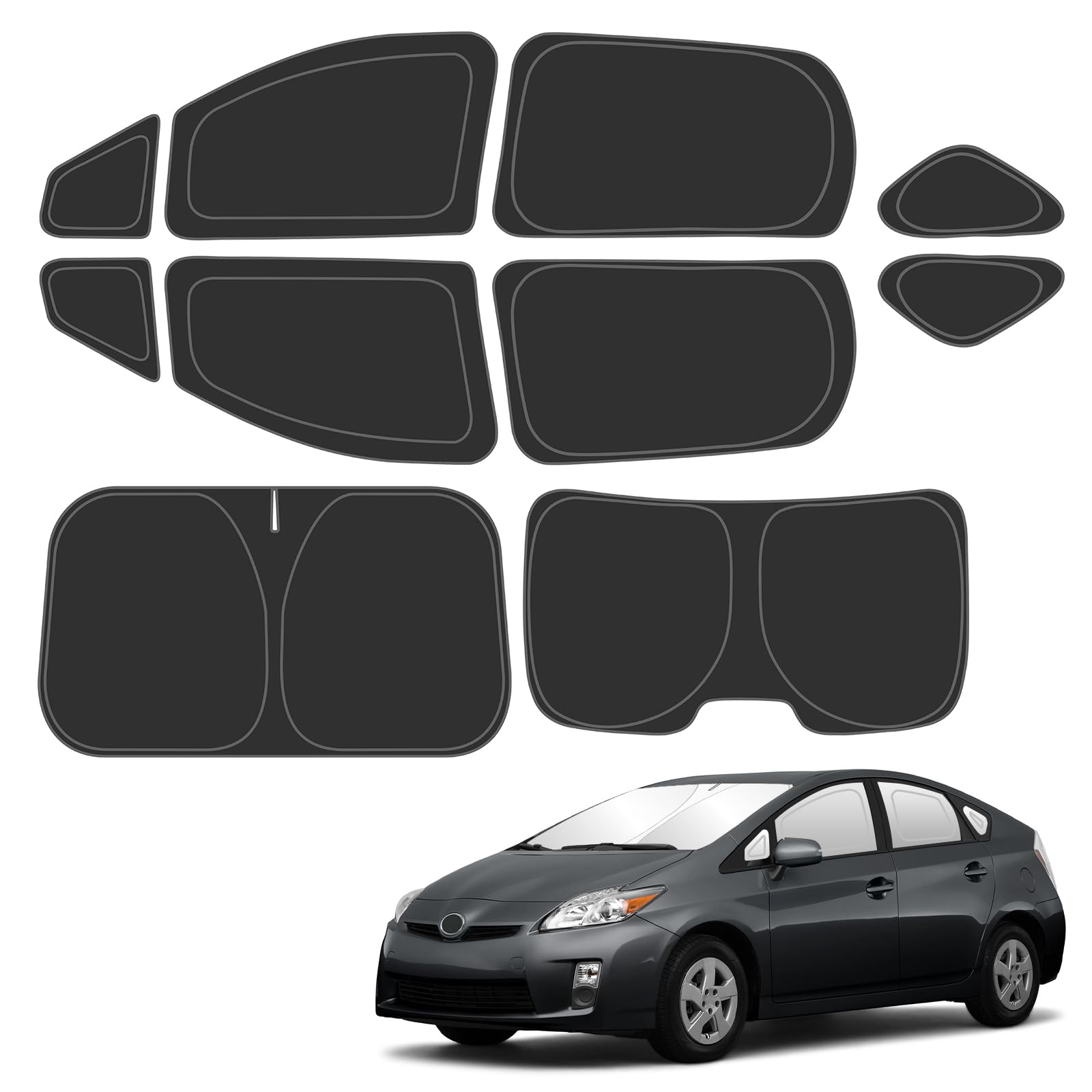D-Lumina Lot de 10 pare-soleil de fenêtre pour Toyo'ta Prius Hatchback 2010-2015 - Pare-brise avant latéral et arrière - Protection intégrale contre les rayons UV - Pliable - 2 couches - Matériau 210T