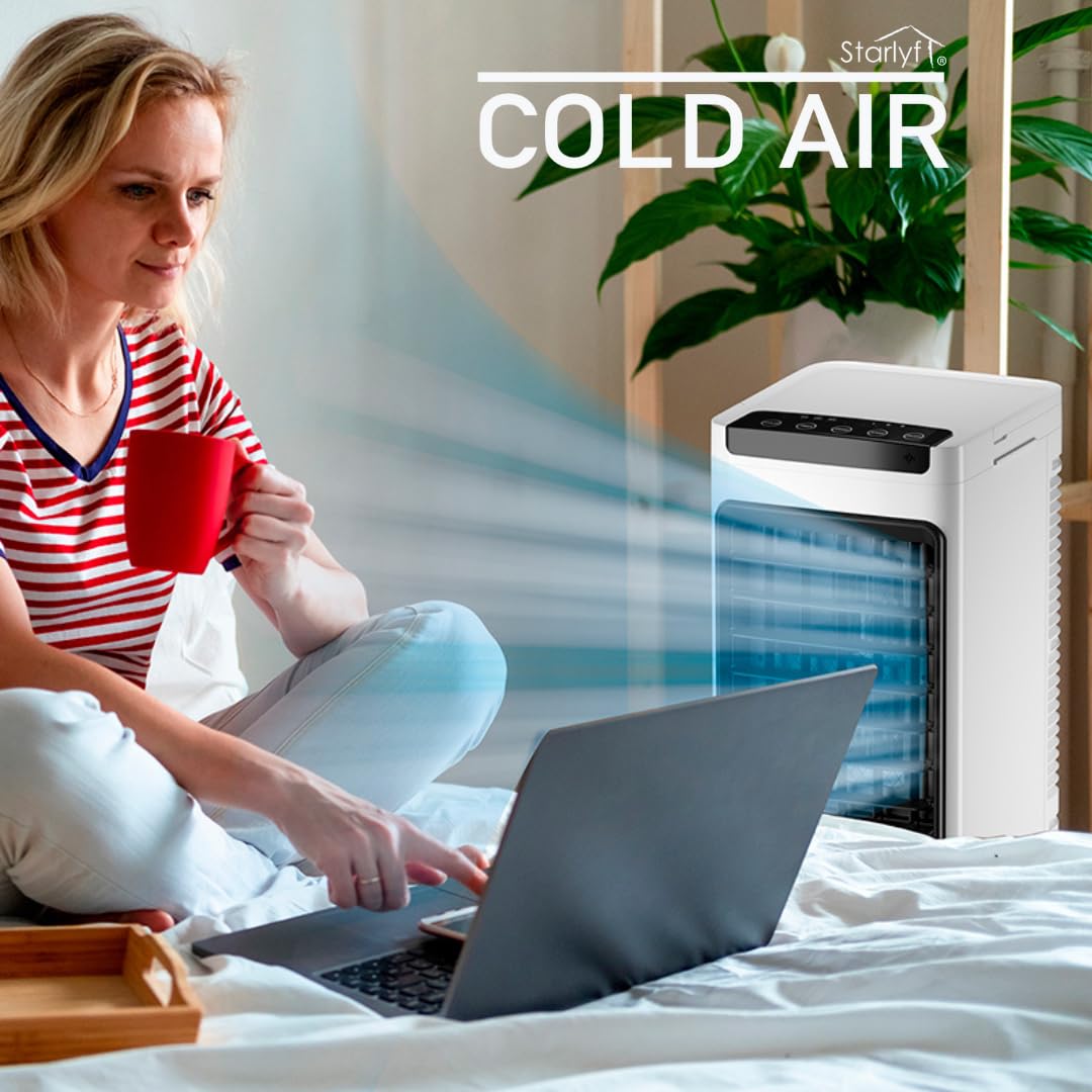 Enfriador de aire portátil 3 en 1 con depósito de agua 5L, ventilador evaporativo con 3 velocidades, temporizador y mando a distancia, climatizador portátil compacto con ruedas para hogar y oficina