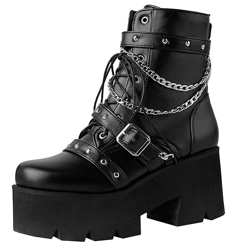 LUXMAX Women Buckle Goth Chunky Platform Ankle Boots Lace Up High Heel Motorcycle Boots with Chain - 12.5 - Black