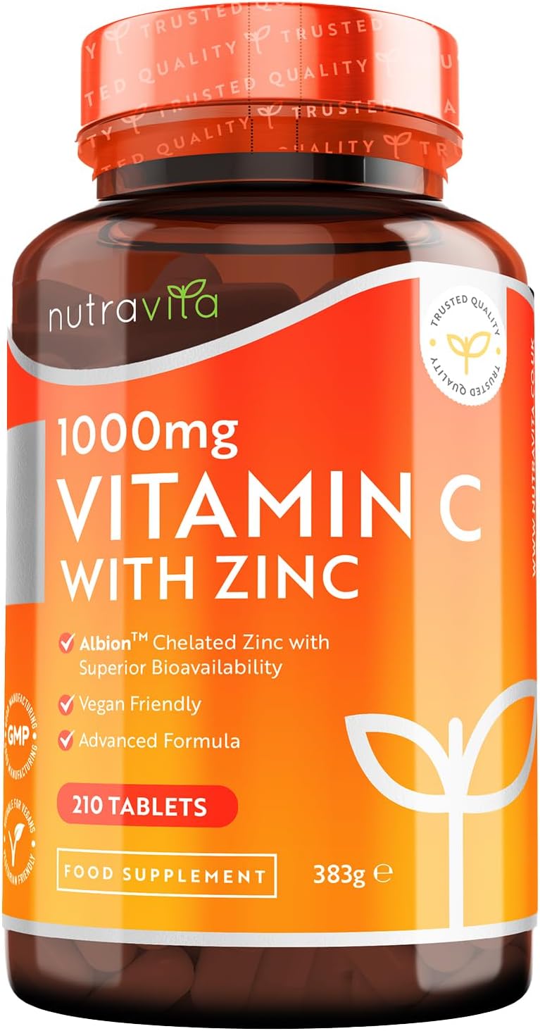 Vitamin C and Zinc Tablets – High Strength Vitamin C 1000mg with Albion® Zinc 15mg for better Absorption – 7 Month Supply – Vit C Zinc Supplements for Normal Immune System – 210 Vegan Tabs – Nutravita