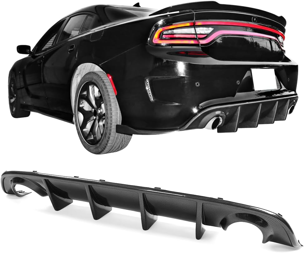 IKON MOTORSPORTS, Rear Bumper Lip Diffuser Compatible with 2015-2023 Dodge Charger SRT, Ikon Style Valance Body Kit, Carbon Fiber Print, 2016 2017 2018 2019