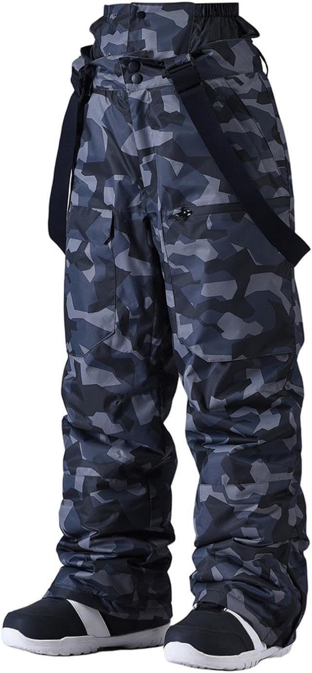 Men's Ski Bibs, Insulated Waterproof Camo Snow Bibs with Pockets and Adjustable Straps, Warm Snowboarding for Skiing