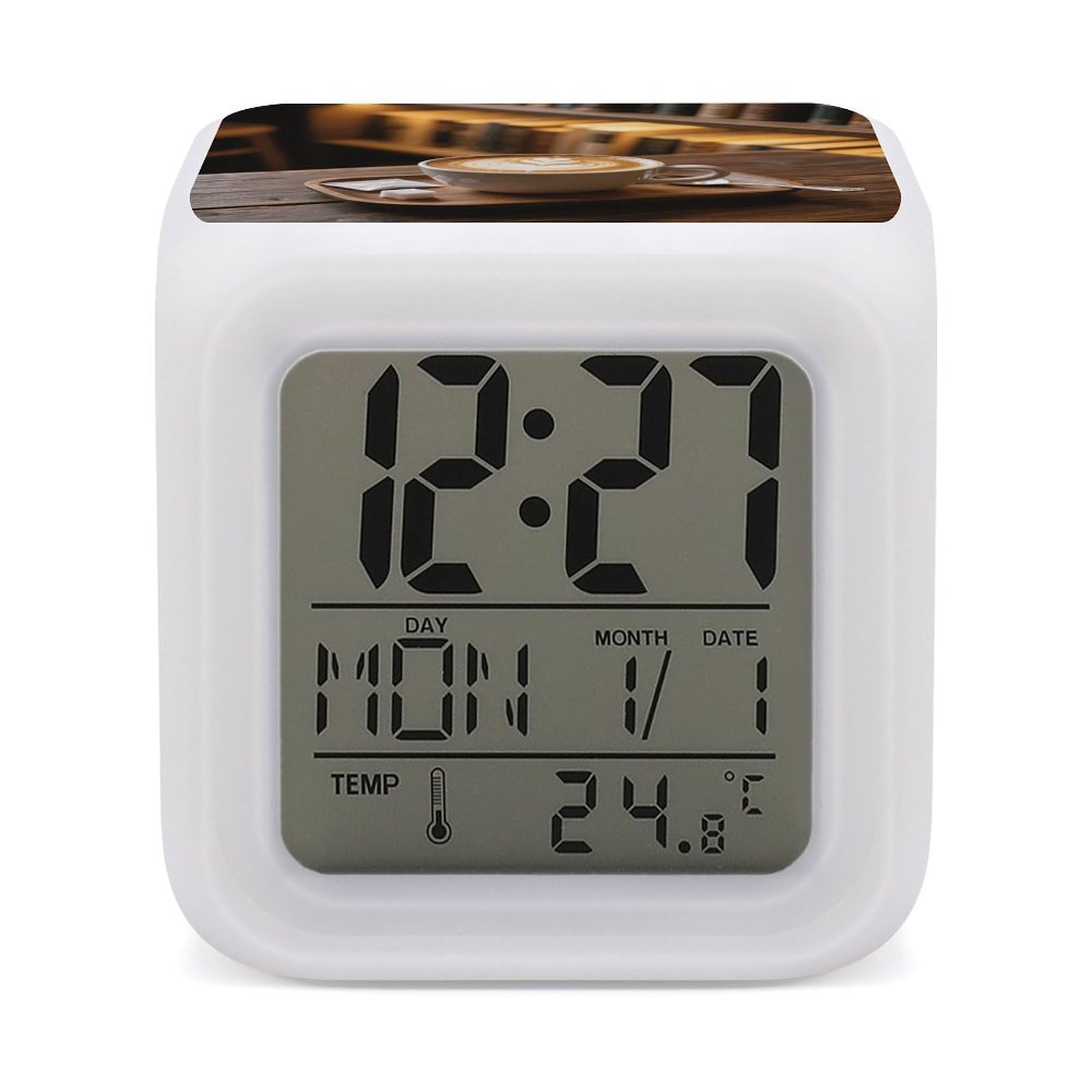 VstaDank Coffee Alarm Clock with Date Temperature Large LED Display Number Clocks with 7 Colors Changing Desk Clock Battery Operated Digital Clocks with Date for Heavy Sleepers