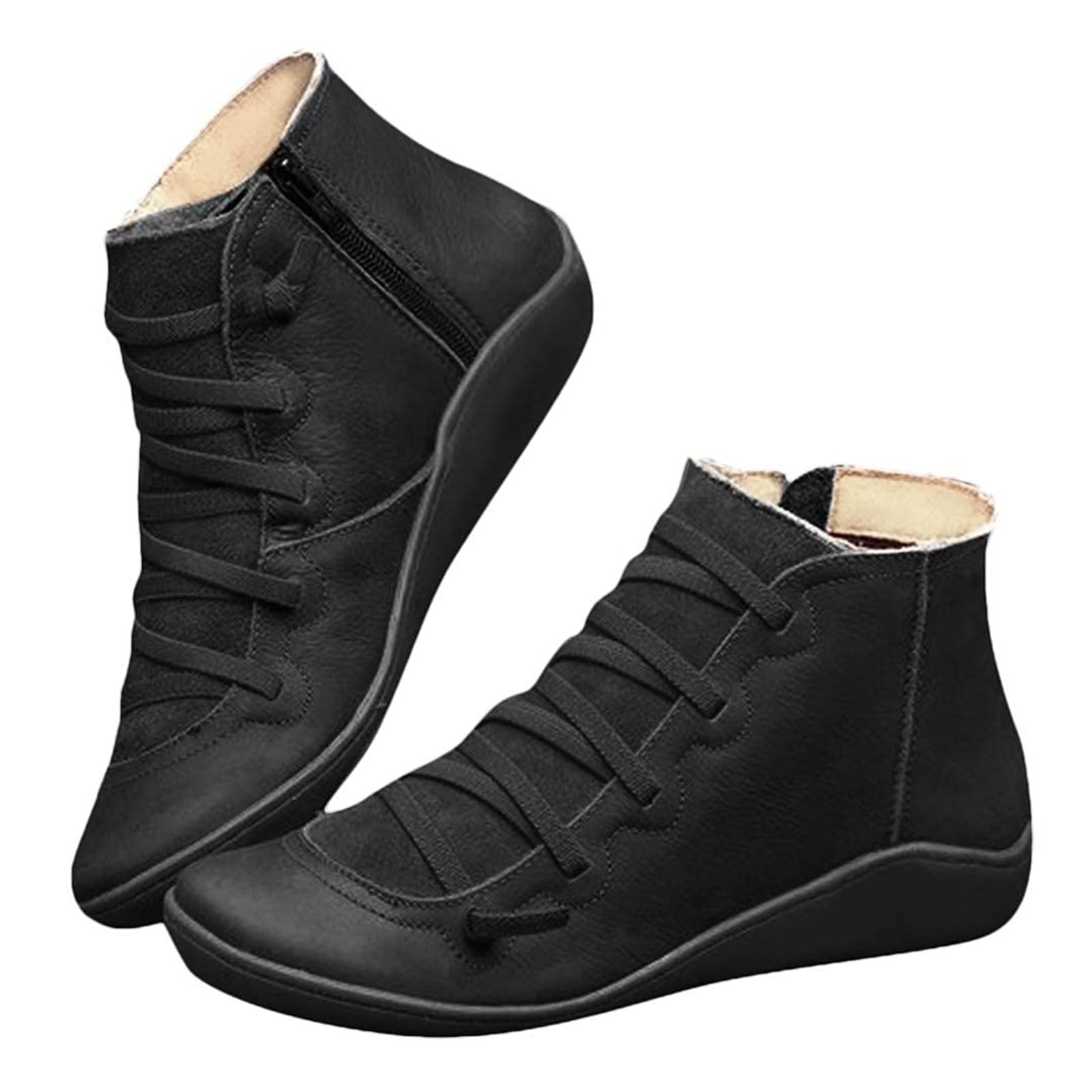 Womens Vintage Casual Short Ankle Boots Arch Support Fashion No Heel Lace Up Retro Leather Booties Comfy Slip