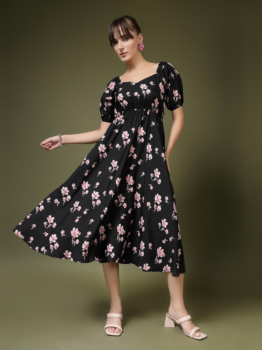 Oomph Flared Dress For Women Stylish | Long One Piece For Women | Puff Sleeve Long Dress | Floral Print Maxi One Piece | Western & Fusion Wear Ebony Black