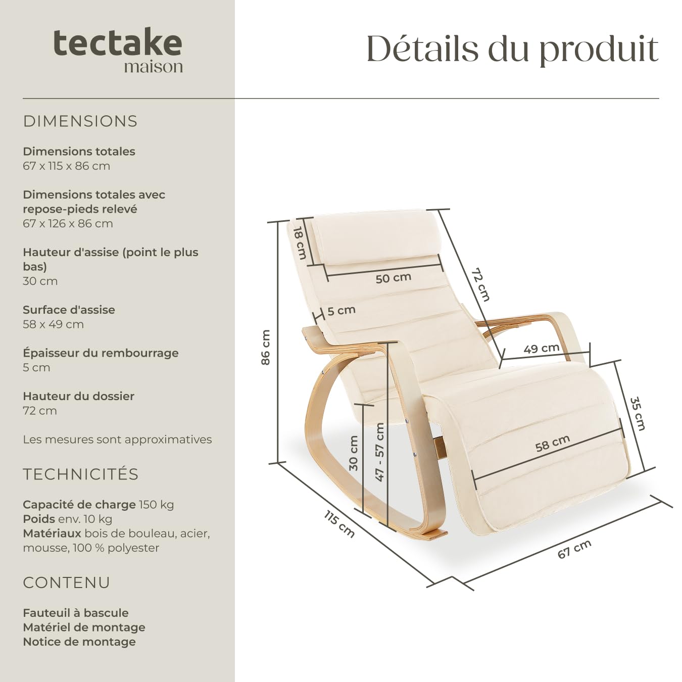 tectake® Fauteuil à Bascule avec Accoudoirs & Repose Pieds Réglable en 5X Rocking Chair Fauteuil Relax rembourée Cadre en Bois Fauteuil Salon Veranda, Chaise Ergonomique idéal Détente, Allaitement