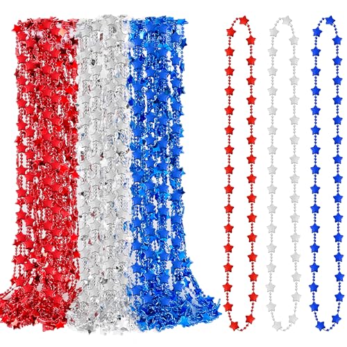4th of July Accessories, 50PCS Star Necklace Independence Day Beads, Red White Blue Patriotic Fourth of July Necklace Party Favor, Star Accessories for Memorial Veterans Day Parades