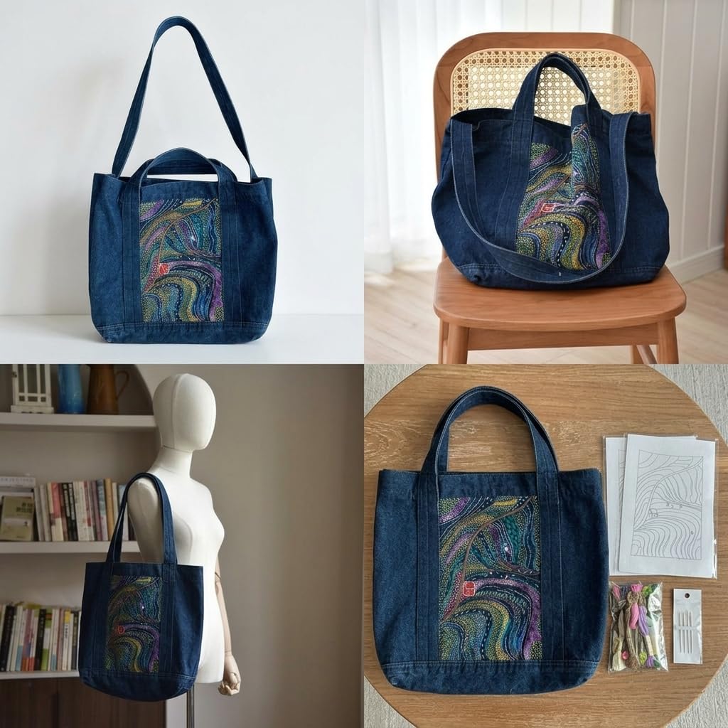 Yunmeryker Kit Ricamo Fai da Te per Principianti, Kit da Borsa in Tela con Strumenti e Istruzioni, Borsa fai da te in denim chiaro e scuro (due pezzi), senza telaio da ricamo
