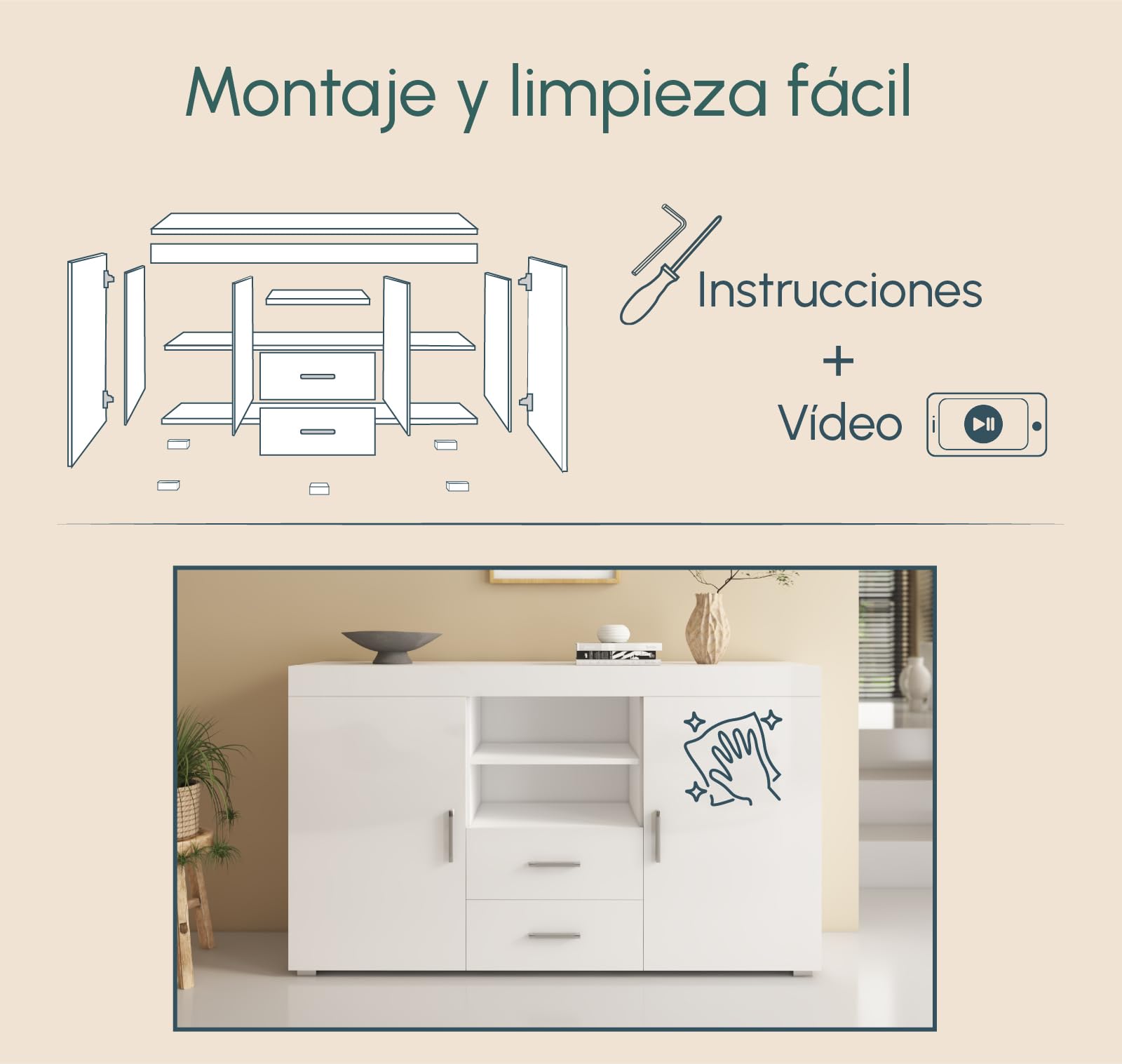 MB Muebles Bonitos | Aparador Roque | Mueble Auxiliar Moderno de Salón y Comedor con 2 Puertas, 2 Cajones y Estante | 140x82x40 cm | Melamina Brillo | Blanco