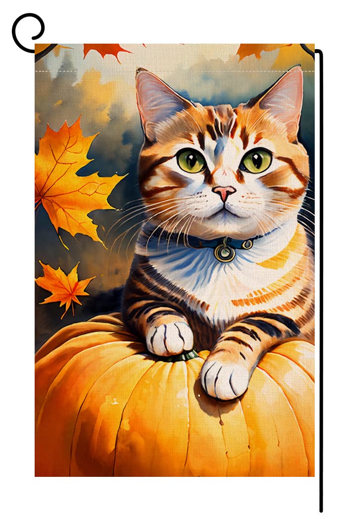 Photo 1 of *Set of 2* BLKWHT Fall Cat Garden Flag 12x18 Vertical Double Sided Autumn Pumpkin Maple Leaves Thanksgiving Holiday Outside Decorations Burlap Yard Flag BW467 12x18 Orange 3of 2* 