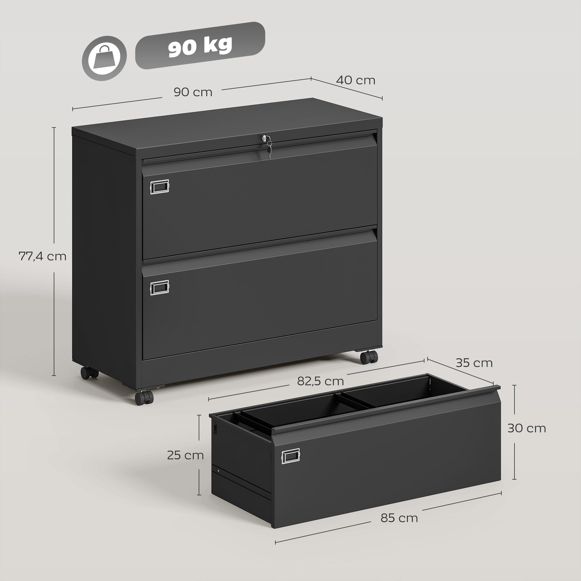 HOMCOM Rollcontainer mit 2 Schubladen mobiler Aktenschrank mit Rollen abschließbar Büroschrank mit verstellbarem Hängeregistratur, Schubladenschrank für Büro, Homeoffice, 90 x 40 x 77,4 cm, Schwarz