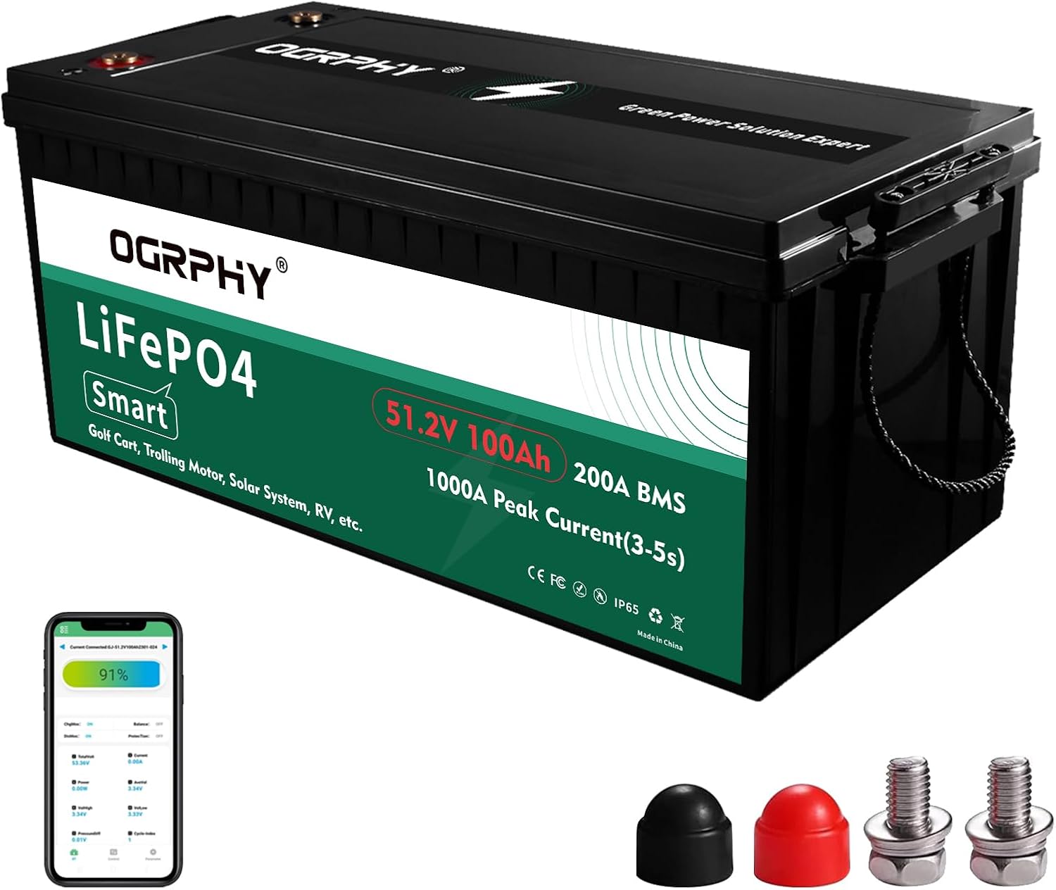 OGRPHY 36V 100AH Lithium Golf Cart Battery, 36V Lithium Battery with 200A Bluetooth BMS, Charger, 7.68kW Output, 1000A Peak Current for Golf Cart, Trolling Motor, RV