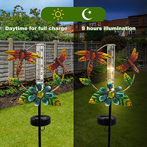 ALLADINBOX 2 Set 31.5inch Solar Powered Metal Rain Gauge Butterfly and Gragonfly with Replacement Tube Glass for Garden Yard Deck Outdoors Fence Decoration