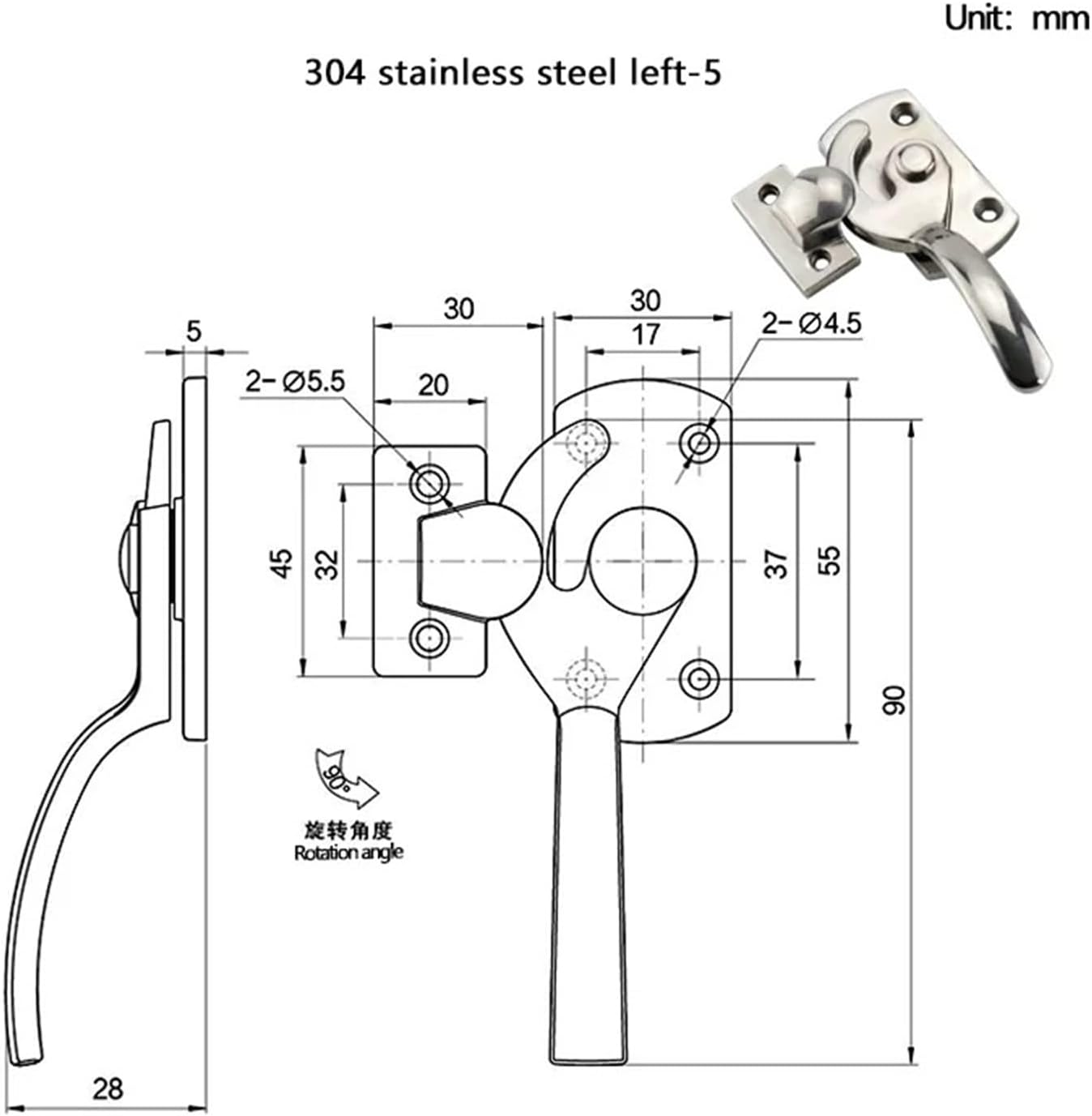 Stainless Steel Industrial Vacuum Box Freezer Heavy-Duty Equipment Door Rotating Handle Lock 1Pcs(304 SS-5-L)